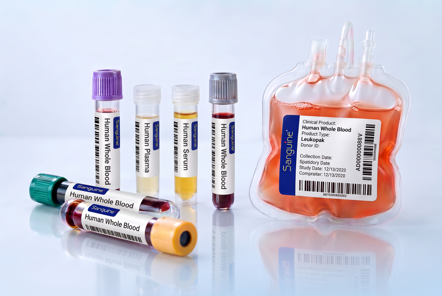 Filled blood collection tubes and a leukopak arranged in a clinical laboratory